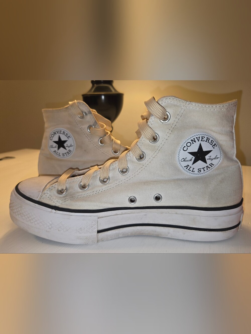 Platform Converse Chucks High Top Sneakers - Beige Canvas Size 6 Mens/8 Womens
